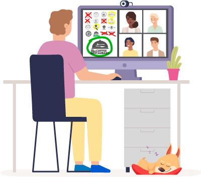 office worker at his home office desk. he is looking at a Zoom meeting on his screen
