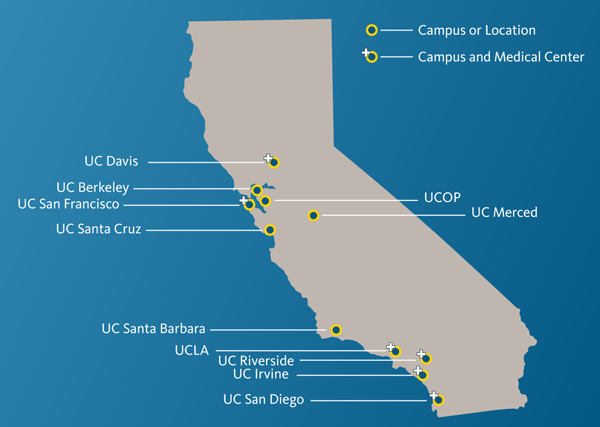 a map of California with all UC locations noted with their health centgers