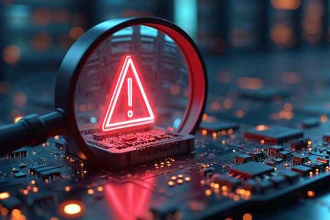 Magnifying glass examines glowing red warning sign on circuit board.