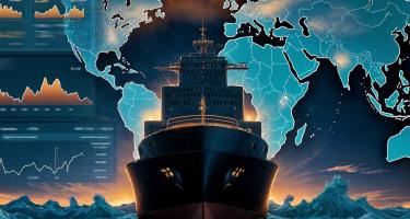 A cargo ship superimposed in front of a map of the globe