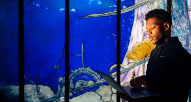 man holding a laptop in front of stained glass windows made to look like an aquarium