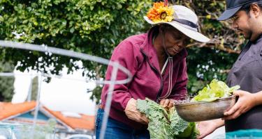 a. woman and man comparing details of freshly picked leafy greens