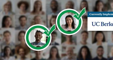 Banner showing a blurred group of people, two smiling individuals highlighted with green check marks, and a “Currently Implementing UC Berkeley” label.