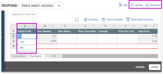 Screenshot of Price Sheet Bidding