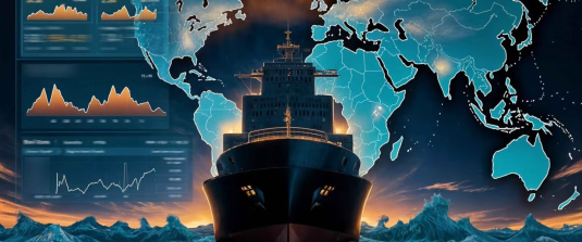 Cargo ship navigates ocean with global maps behind it