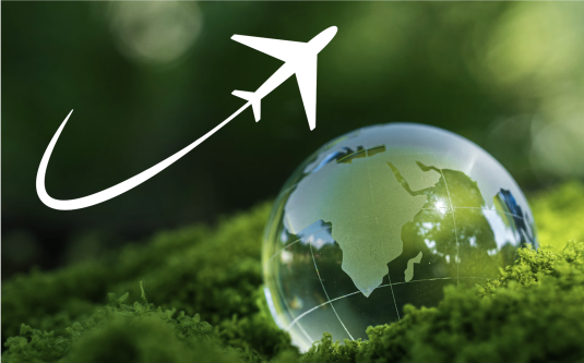 Plane outline flying near a globe nestled in green moss