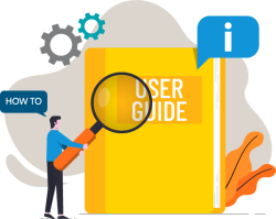 Illustration of a man holding a magnifying glass over a user guide