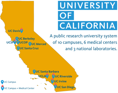 State of California outline with UC campuses and medical centers locations
