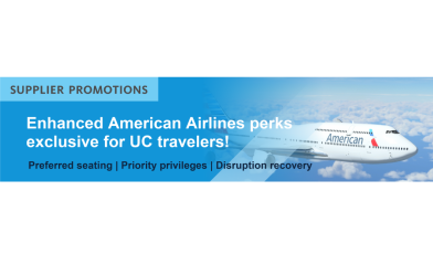 UC travel perks message with flying plane