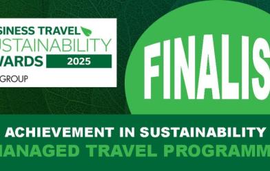 An infographic of a Finalist award from the Business Travel Sustainability Awards 2025.