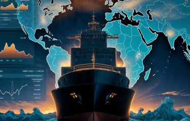 Cargo ship navigates ocean with global maps behind it