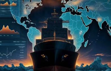 Spooky abstract image of a ship approaching with a world map as a background