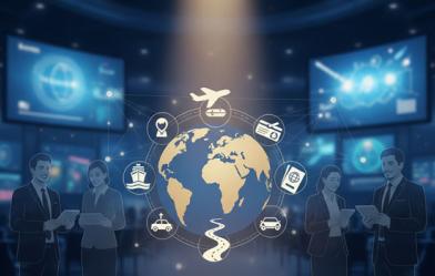 Spotlight shining on a illustration of a globe with travel icons surrounding it