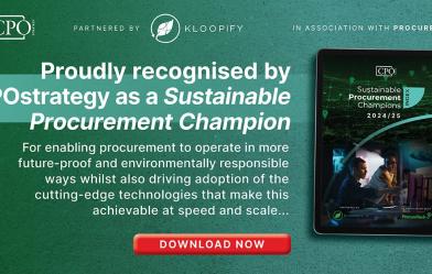 Graphic that says "Proudly recognised by CPOstrategy as a Sustainable Procurement Champion - For enabling procurement to operate in more future-proof and environmentally responsible ways whilst also driving adoption of the cutting-edge technologies that make this achievable at speed and scale..."