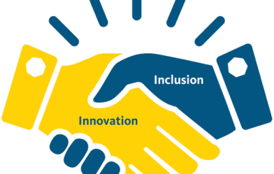 Graphic of one hand labeled "Innovation" shaking hands with another labeled "Inclusion"