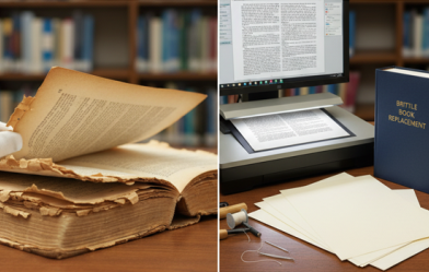 A tattered book undergoing digital scanning