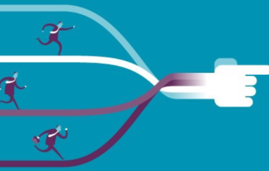 Illustration of three men running along three vertical tracks, going from left to right. The tracks merge together to form a hand pointing right.
