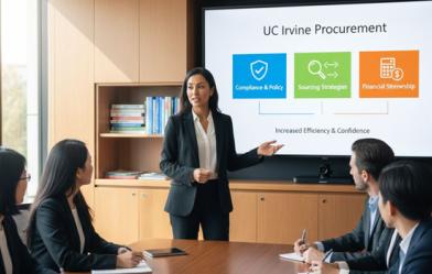 professional training session showing an instructor presenting to a diverse group of participants in a modern conference room. On the screen, display a graphic related to 'UCI Procurement Excellence' with icons representing concepts like 'Compliance & Policy,' 'Sourcing Strategies,' and 'Financial Stewardship,' indicating 'Increased Efficiency & Confidence.'