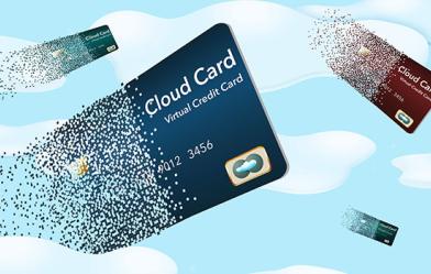 Illustration of three digital credit cards flying in a cloudy sky