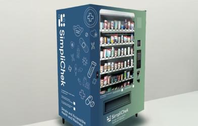 A simpliChek vending machine, filled with health care items, in a hallway