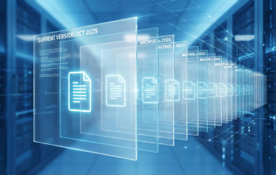 Abstract 3D visualization of a digital document archive, layers of translucent glass sheets representing different versions of a document, the front layer is distinct and clear, the back layers are archived and organized.