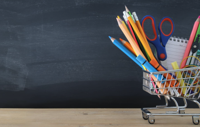 Shopping cart with back-to-school supplies