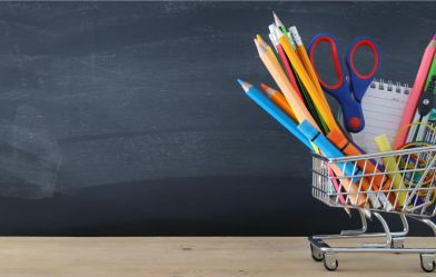 Shopping cart with back-to-school supplies