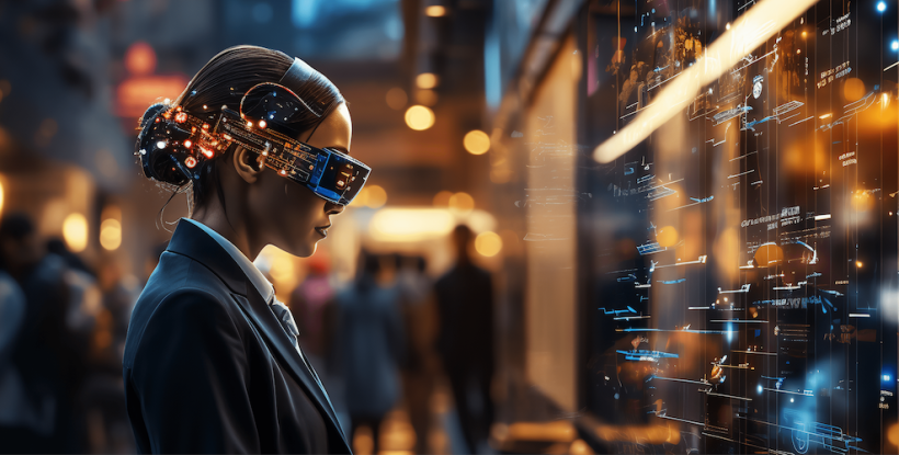 A woman in a high-tech environment with goggles on