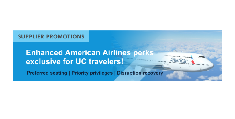 UC travel perks message with flying plane