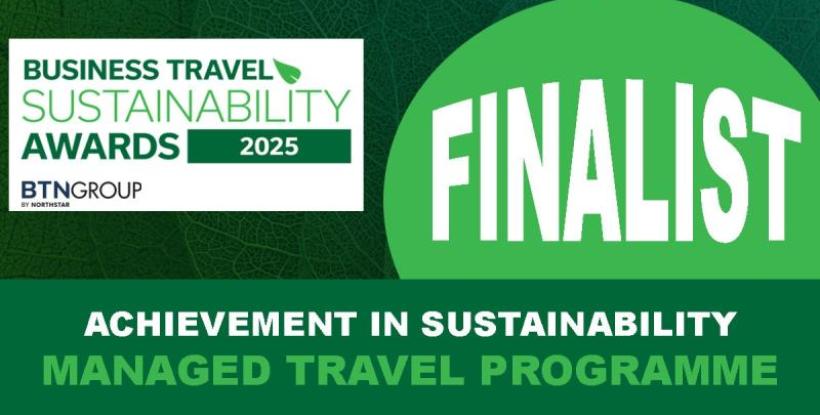 An infographic of a Finalist award from the Business Travel Sustainability Awards 2025.