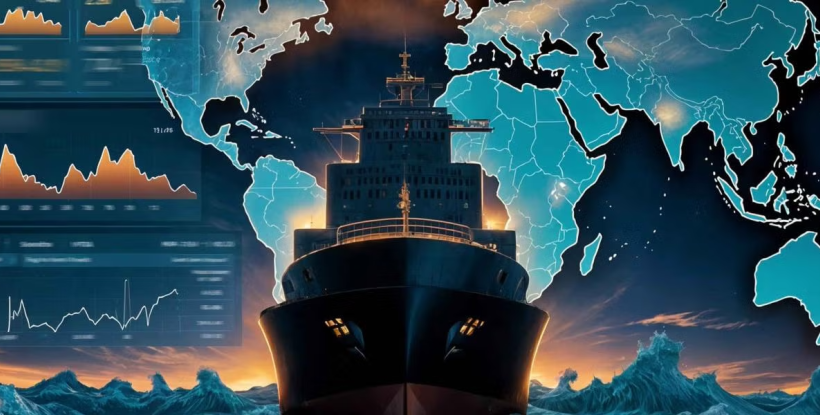 Cargo ship navigates ocean with global maps behind it