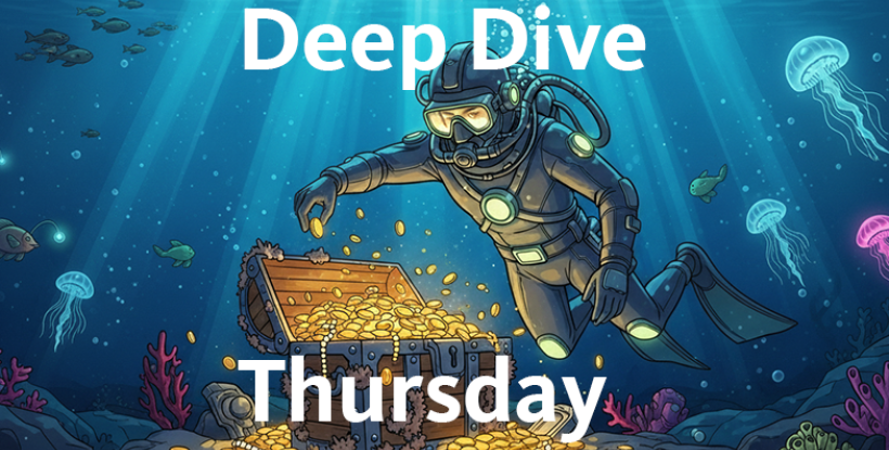A diver discovers treasure. Superimposed are the words Deep Dive Thursday