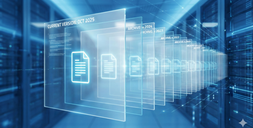 Abstract 3D visualization of a digital document archive, layers of translucent glass sheets representing different versions of a document, the front layer is distinct and clear, the back layers are archived and organized.