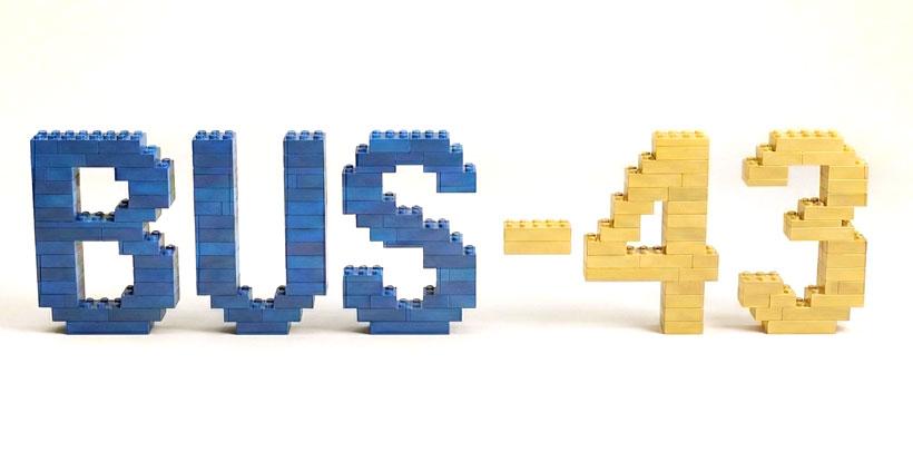 BUS-43 text made of Lego blocks