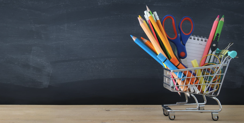 Shopping cart with back-to-school supplies