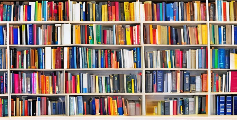 Many bookshelves full of books of all kinds
