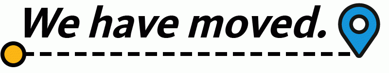 A map pin with the text "We have moved"