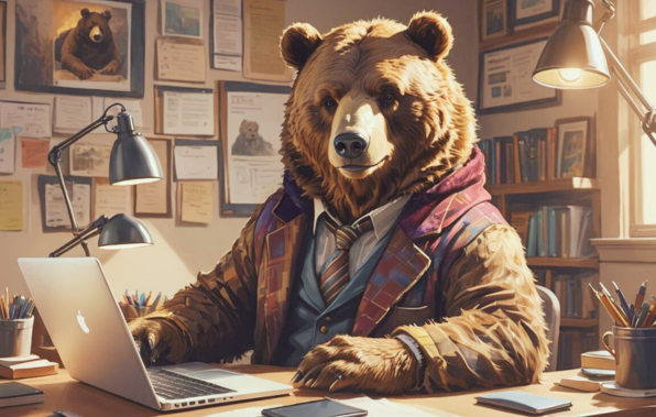 Illustration of a bear using a laptop to shop