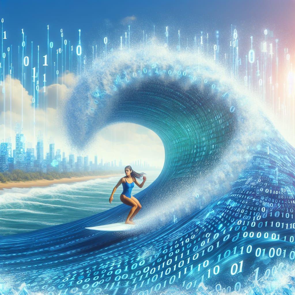 woman riding a digital wave