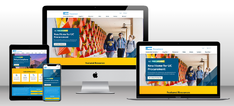 UC Procurement Portal shown on various devices - laptop, mobile phone, and tablet.