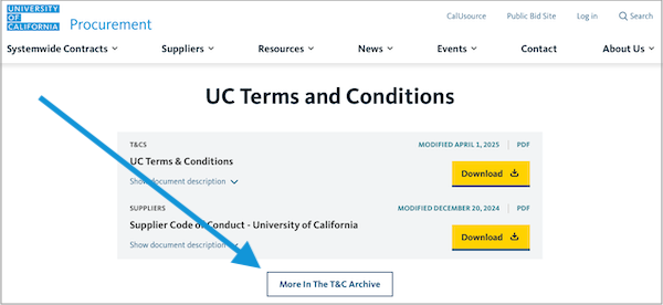 A screenshot of the Terms and Conditions page with an arrow pointing to the Archive button