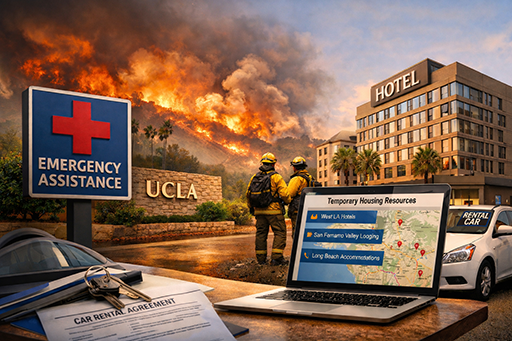 composite grouping of rental car agreements, laptop and cars, with UCLA, firemen and hotels in the background. Fires range in the distance