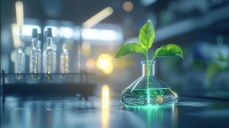 Lab beaker with green sprig to indicate sustainability