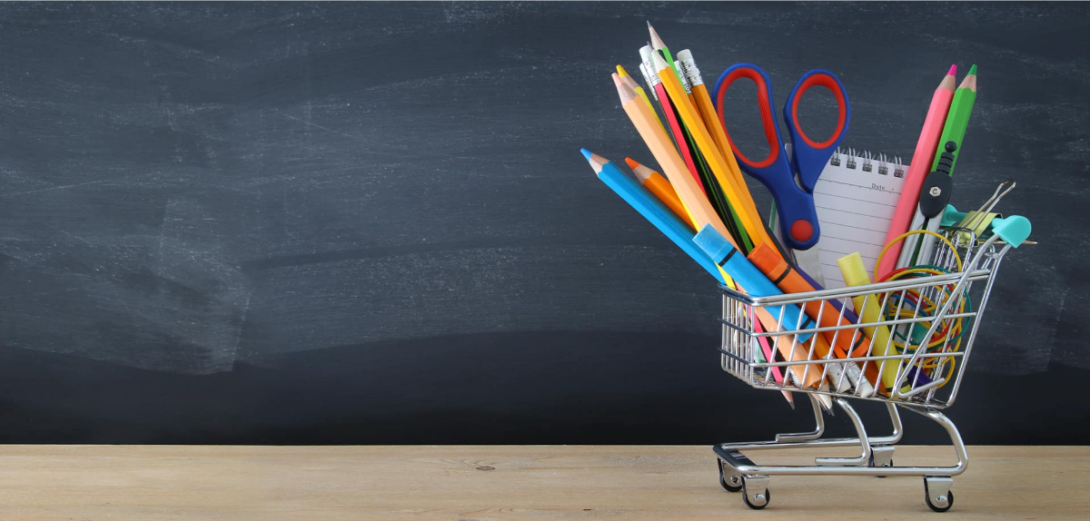 Shopping cart with back-to-school supplies