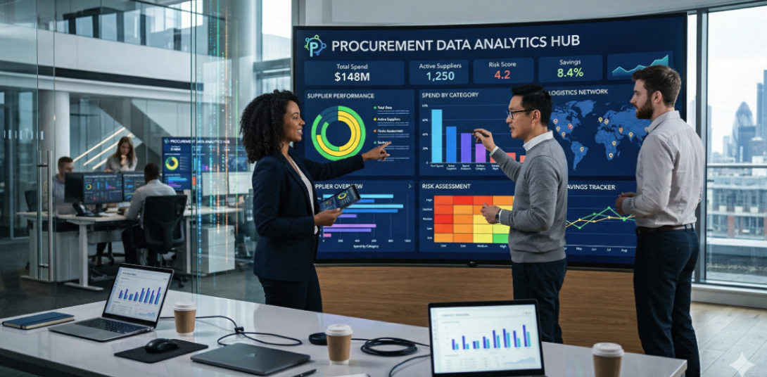 People gathered around a analytics dashboard display